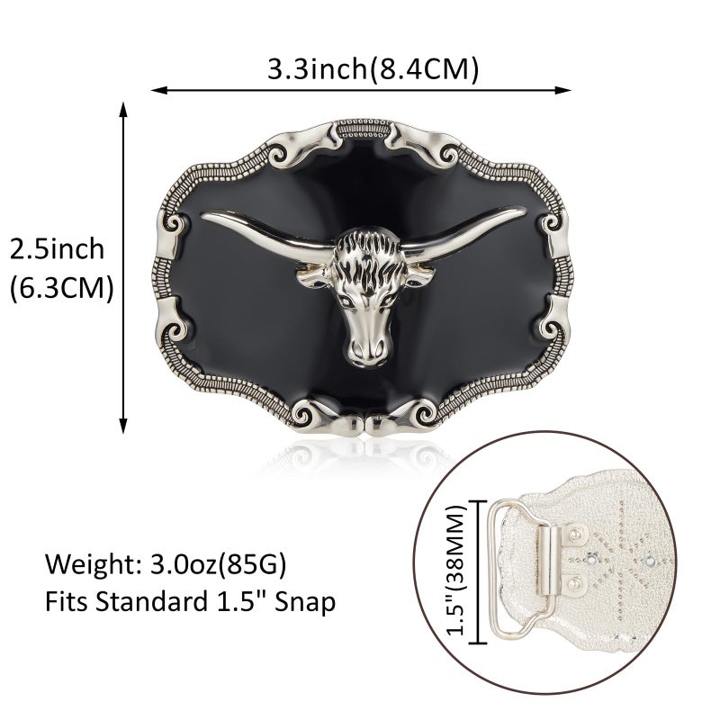YOQUCOL Mens Long Horn Bull Head Western Cowboy Texas Silver Belt Buckle - Image 2